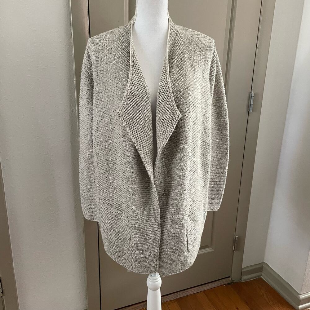 Pure Jill Size MP PM Medium Petite Open Front Cardigan Sweater Grey Beige